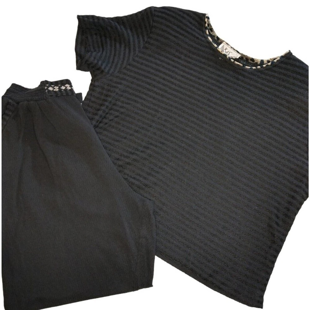 80's Vintage KD spring Blouse & pant Set Ribbed Black Animal Trim High...